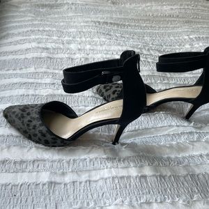 Gray and black calf hair dyed cheetah print heel with strap 3 inches